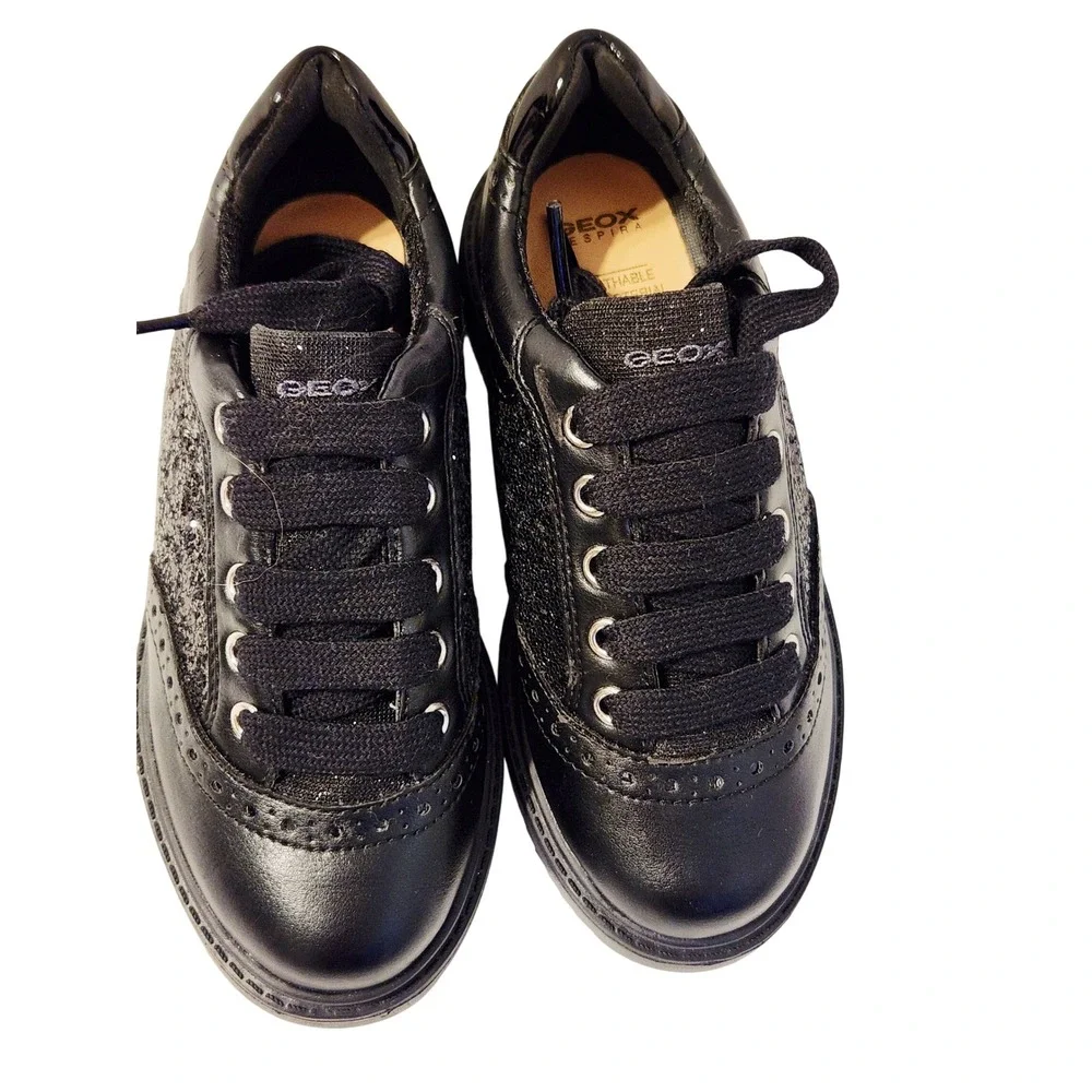 Geox Respira Kids Black Glitter Italian Patent Leather Shoes Girl Size US11 EU29